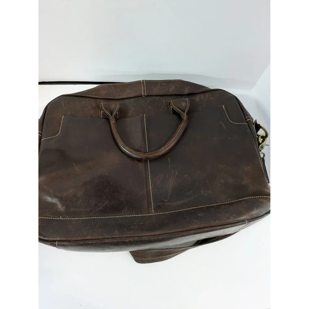Mens Dark Brown Distressed Leather Briefcase Messenger Laptop Bag Brass Hardware